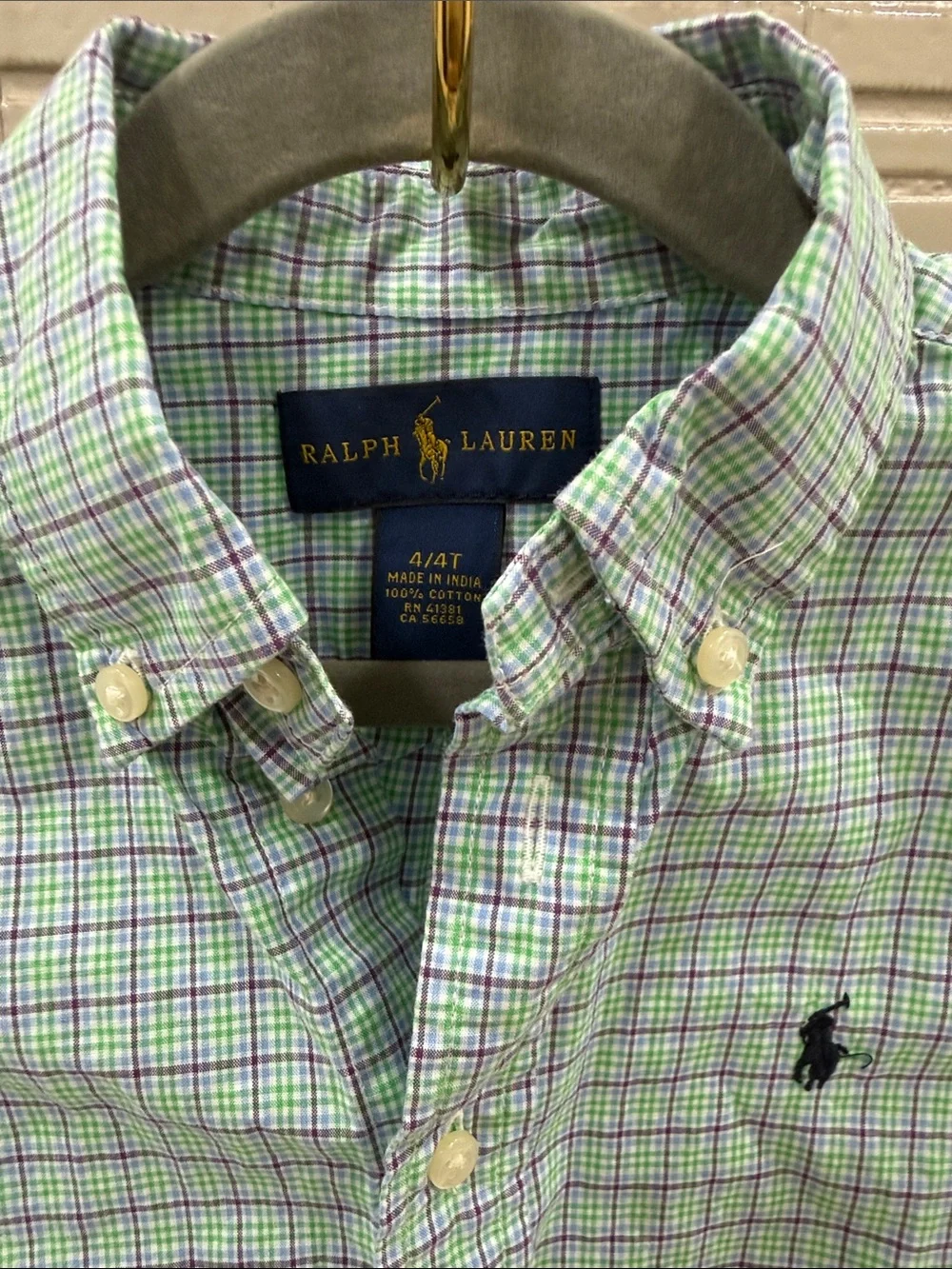 Ralph Lauren Light Green and Blue Plaid Short-Sleeve Button-Down Shirt